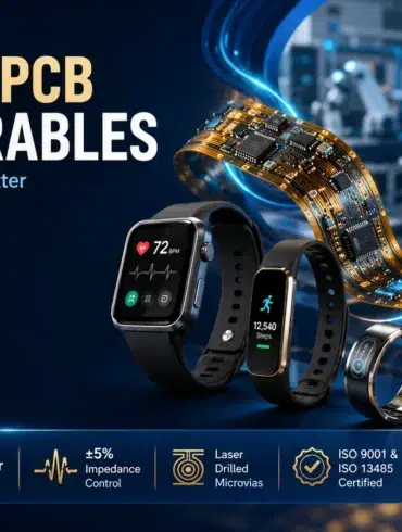 Promotional graphic for flexible PCBs for wearables, showcasing a flexible circuit board curving past various wearable devices like smartwatches and fitness trackers against a factory background.