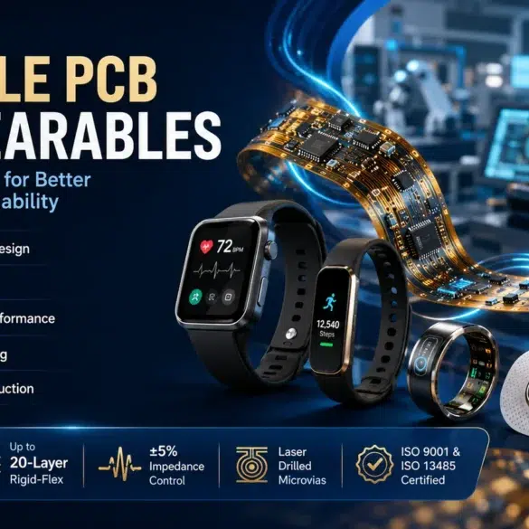 Promotional graphic for flexible PCBs for wearables, showcasing a flexible circuit board curving past various wearable devices like smartwatches and fitness trackers against a factory background.