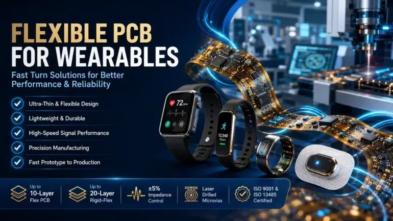 Promotional graphic for flexible PCBs for wearables, showcasing a flexible circuit board curving past various wearable devices like smartwatches and fitness trackers against a factory background.