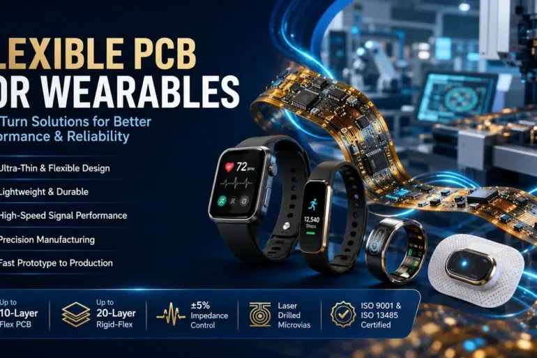 Promotional graphic for flexible PCBs for wearables, showcasing a flexible circuit board curving past various wearable devices like smartwatches and fitness trackers against a factory background.