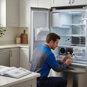 Technician testing refrigerator coils with a multimeter in a modern kitchen.