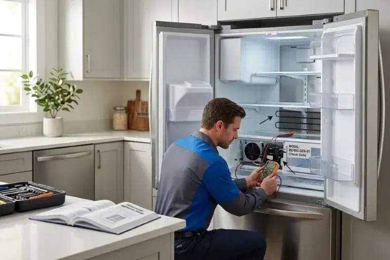 Technician testing refrigerator coils with a multimeter in a modern kitchen.