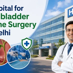 Doctor with stethoscope in front of a hospital with text "Hospital for Gallbladder Stone Surgery in Delhi" and medical illustrations.