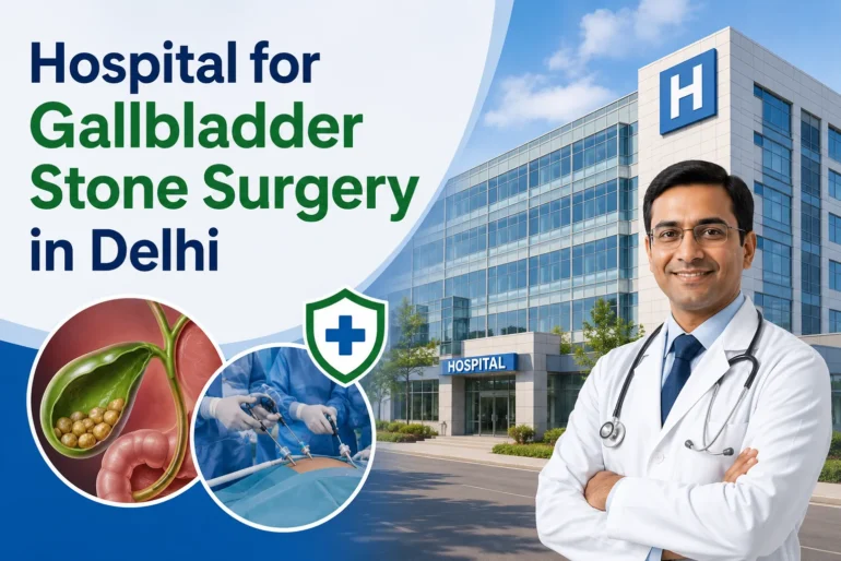 Doctor with stethoscope in front of a hospital with text "Hospital for Gallbladder Stone Surgery in Delhi" and medical illustrations.