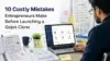 Man reviewing business launch documents and dashboard on laptop, with "10 Costly Mistakes Entrepreneurs Make Before Launching a Gojek Clone" text overlay.