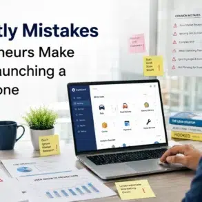 Man reviewing business launch documents and dashboard on laptop, with "10 Costly Mistakes Entrepreneurs Make Before Launching a Gojek Clone" text overlay.