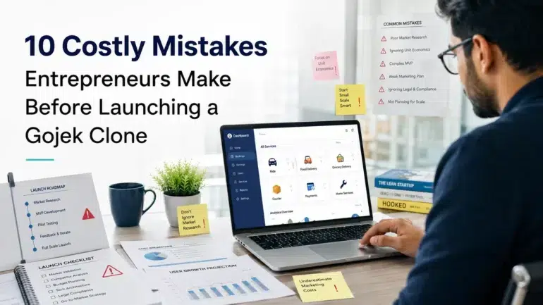 Man reviewing business launch documents and dashboard on laptop, with "10 Costly Mistakes Entrepreneurs Make Before Launching a Gojek Clone" text overlay.