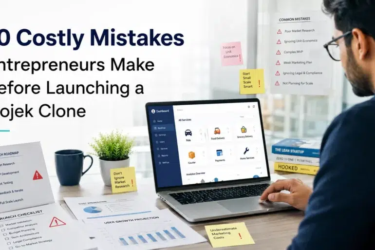 Man reviewing business launch documents and dashboard on laptop, with "10 Costly Mistakes Entrepreneurs Make Before Launching a Gojek Clone" text overlay.