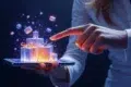 A finger points at glowing, holographic gift boxes appearing to float above a smartphone held by a person.