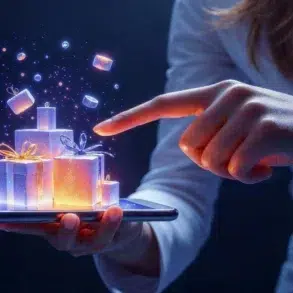 A finger points at glowing, holographic gift boxes appearing to float above a smartphone held by a person.