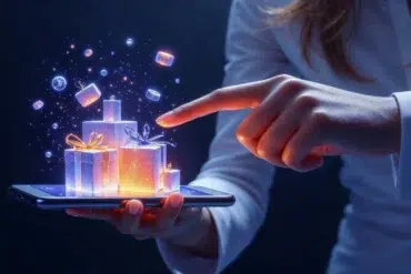 A finger points at glowing, holographic gift boxes appearing to float above a smartphone held by a person.