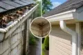 Split image showing clogged, overflowing gutters and mold damage next to clean, functioning gutters and siding.