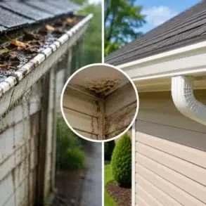 Split image showing clogged, overflowing gutters and mold damage next to clean, functioning gutters and siding.