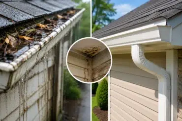 Split image showing clogged, overflowing gutters and mold damage next to clean, functioning gutters and siding.
