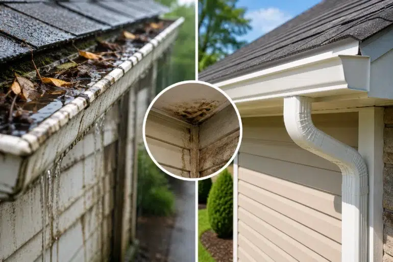 Split image showing clogged, overflowing gutters and mold damage next to clean, functioning gutters and siding.