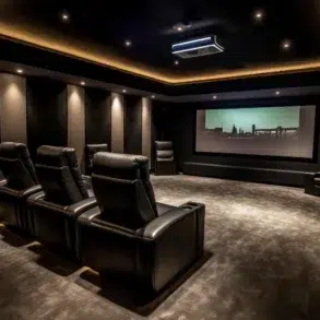 Luxurious home theater with plush recliners facing a large screen displaying a city skyline.
