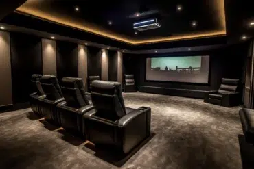 Luxurious home theater with plush recliners facing a large screen displaying a city skyline.