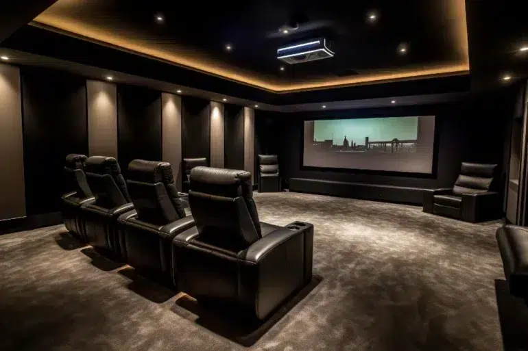 Luxurious home theater with plush recliners facing a large screen displaying a city skyline.