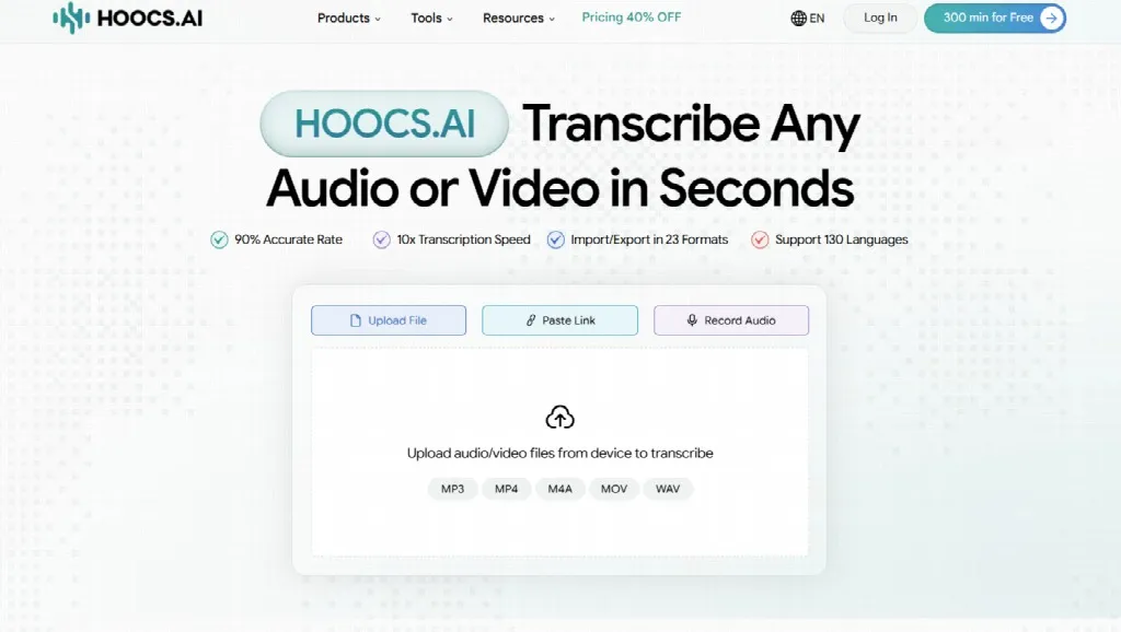 Screenshot of HOOCS.AI website offering audio/video transcription with 90% accuracy, 10x speed, 130 language support, and multiple file format uploads.