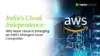 India's Cloud Independence article cover. Title on left with "Neon Cloud" and "AWS" logos over a server room background, signaling competition.