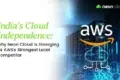 India's Cloud Independence article cover. Title on left with "Neon Cloud" and "AWS" logos over a server room background, signaling competition.