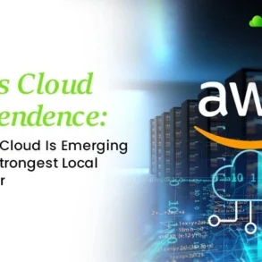 India's Cloud Independence article cover. Title on left with "Neon Cloud" and "AWS" logos over a server room background, signaling competition.