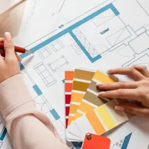 A person reviews architectural blueprints with a color palette in hand, selecting shades of yellow, orange, and red. The scene conveys creativity.