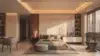 Modern bedroom with a minimalist design, featuring a plush bed, neutral tones, soft lighting, wooden accents, and large windows with blinds. Cozy and serene ambiance.