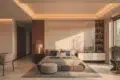 Modern bedroom with a minimalist design, featuring a plush bed, neutral tones, soft lighting, wooden accents, and large windows with blinds. Cozy and serene ambiance.