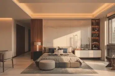 Modern bedroom with a minimalist design, featuring a plush bed, neutral tones, soft lighting, wooden accents, and large windows with blinds. Cozy and serene ambiance.