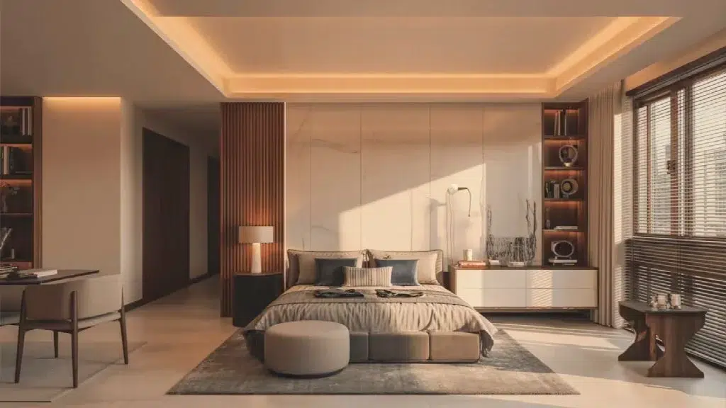 Modern bedroom with a minimalist design, featuring a plush bed, neutral tones, soft lighting, wooden accents, and large windows with blinds. Cozy and serene ambiance.