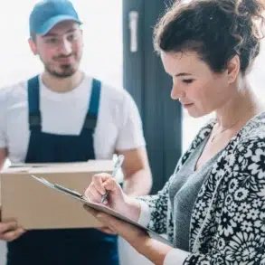 A delivery person holds a box while a woman signs a document on a clipboard.