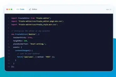 JavaScript code initializing Froala Editor with placeholder text and a content changed event.