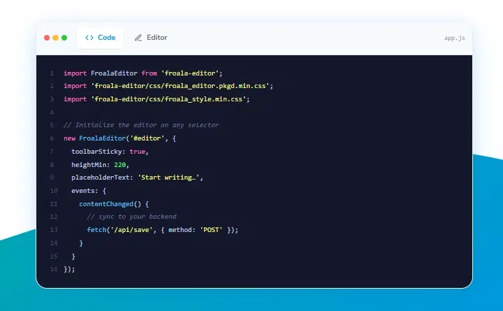 JavaScript code initializing Froala Editor with placeholder text and a content changed event.