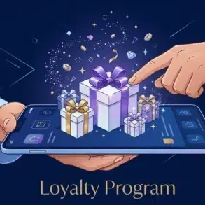 A finger points to a large gift box on a smartphone screen displaying a loyalty program with surrounding smaller gift boxes and sparkling confetti.