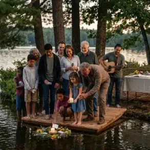 A multi-generational family stands on a wooden raft by a lake, participating in a memorial ceremony with a flower wreath and lit candles.