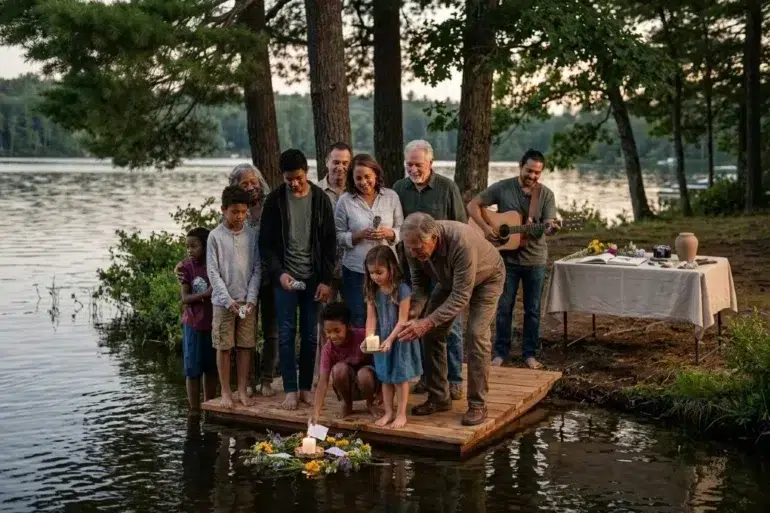 A multi-generational family stands on a wooden raft by a lake, participating in a memorial ceremony with a flower wreath and lit candles.