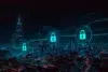 Futuristic cityscape at night with glowing blue network lines connecting security padlocks over illuminated skyscrapers.
