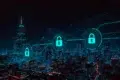 Futuristic cityscape at night with glowing blue network lines connecting security padlocks over illuminated skyscrapers.