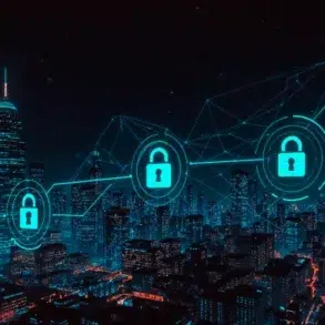 Futuristic cityscape at night with glowing blue network lines connecting security padlocks over illuminated skyscrapers.