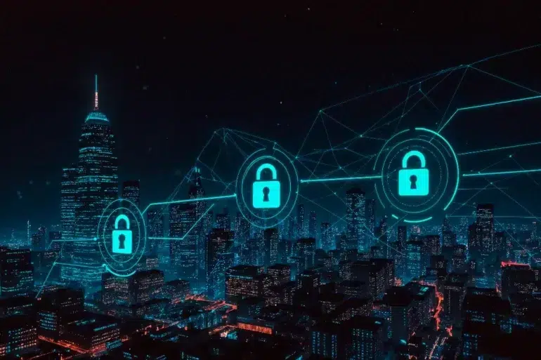 Futuristic cityscape at night with glowing blue network lines connecting security padlocks over illuminated skyscrapers.