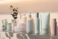 Assortment of minimalist skincare bottles and jars arranged on a glass shelf with a sprig of eucalyptus.