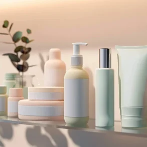 Assortment of minimalist skincare bottles and jars arranged on a glass shelf with a sprig of eucalyptus.