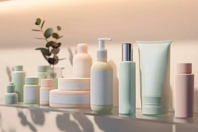Assortment of minimalist skincare bottles and jars arranged on a glass shelf with a sprig of eucalyptus.