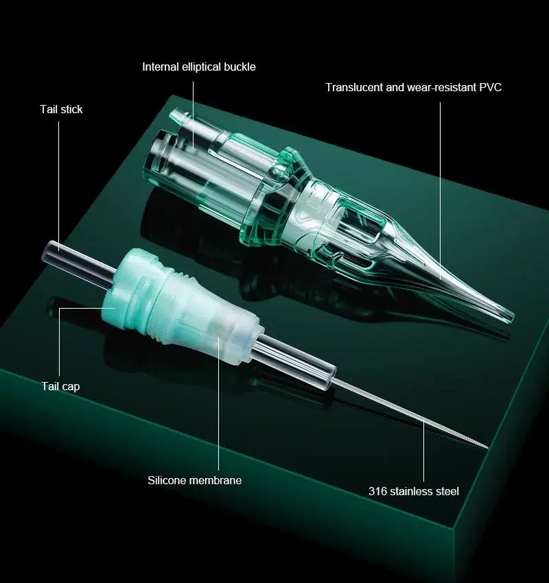 Two tattoo needle cartridges with labels pointing out their parts and materials.