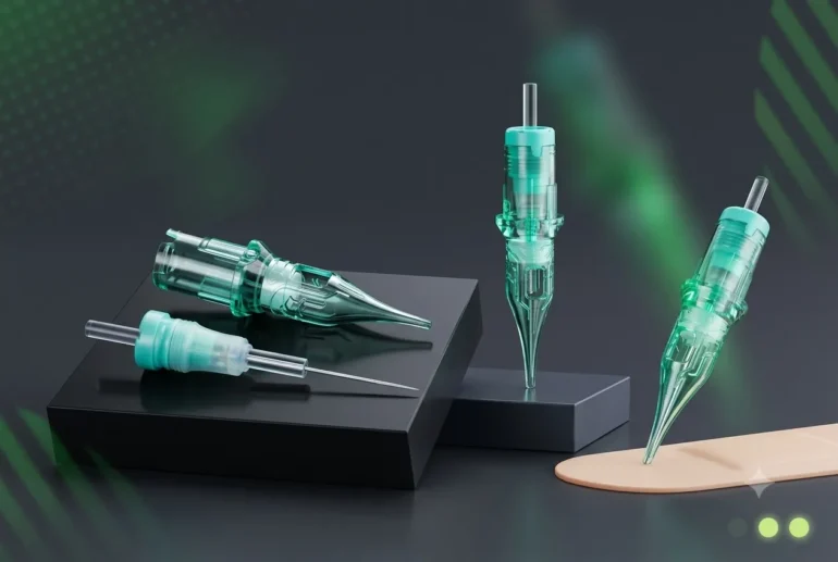 Three green and clear tattoo needle cartridges are displayed on black pedestals against a dark background.