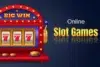 A red and blue slot machine with three reels showing the number 7, next to text reading "Online Slot Games".