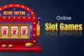 A red and blue slot machine with three reels showing the number 7, next to text reading "Online Slot Games".
