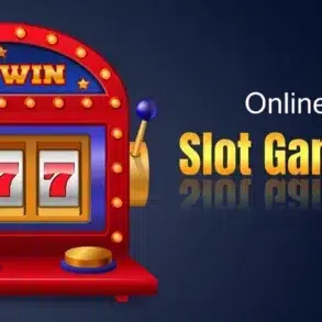 A red and blue slot machine with three reels showing the number 7, next to text reading "Online Slot Games".