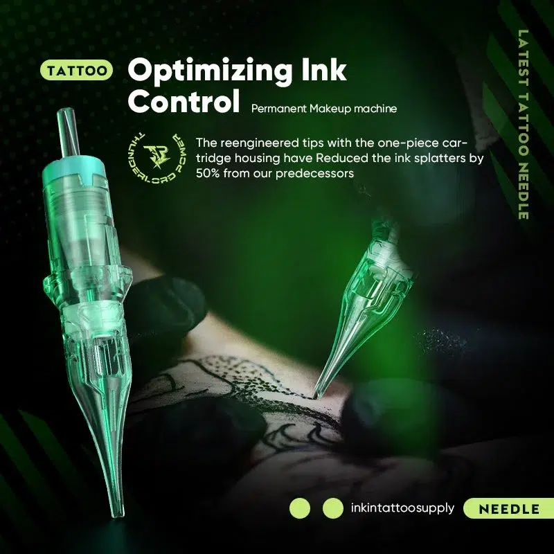 Close-up of a tattoo artist's hands using a green, translucent tattoo needle cartridge to work on a black ink design on skin.